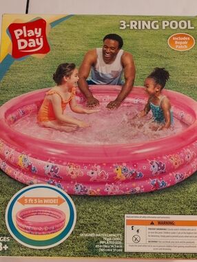 Play Day Pink 3-Ring Inflatable Kids Pool with Unicorn Graphics
